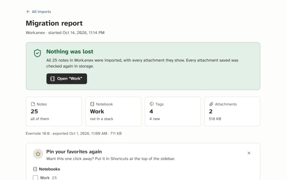 A migration report headed “Nothing was lost”, with the counts of notes, tags and attachments.